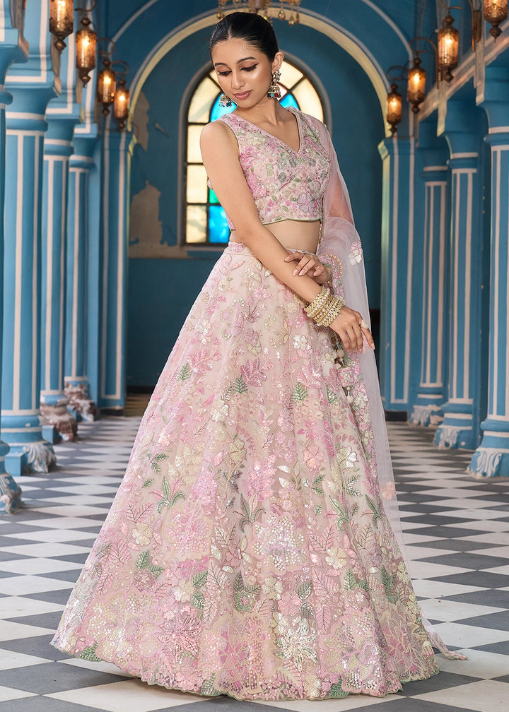 Cream & Pink Embroidered Net Lehenga Choli with Sequins Work