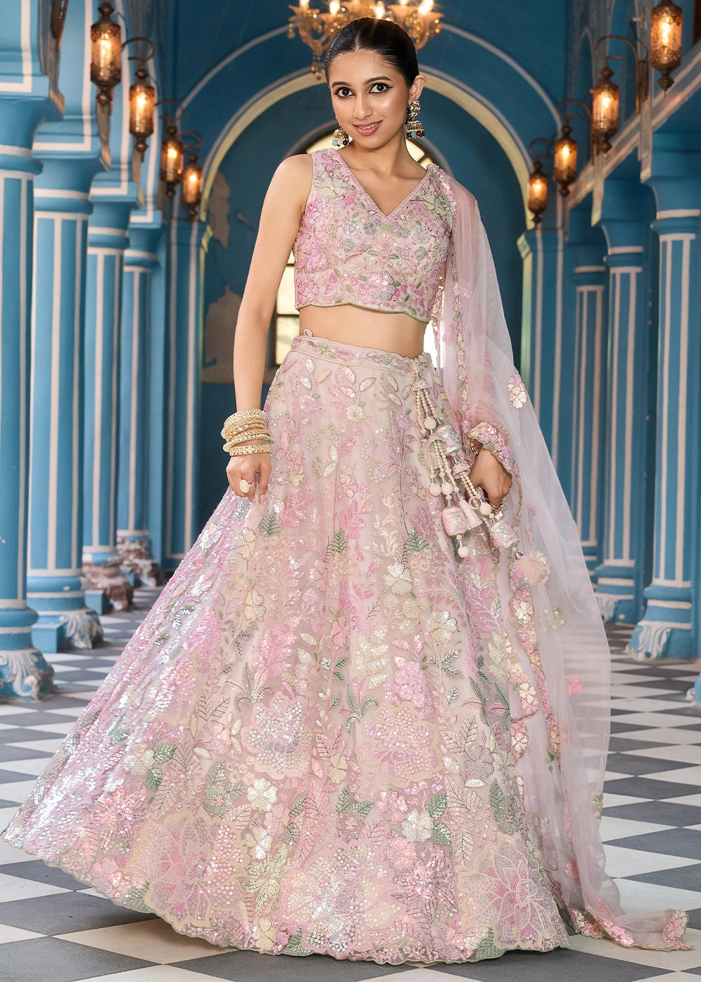 Cream & Pink Embroidered Net Lehenga Choli with Sequins Work