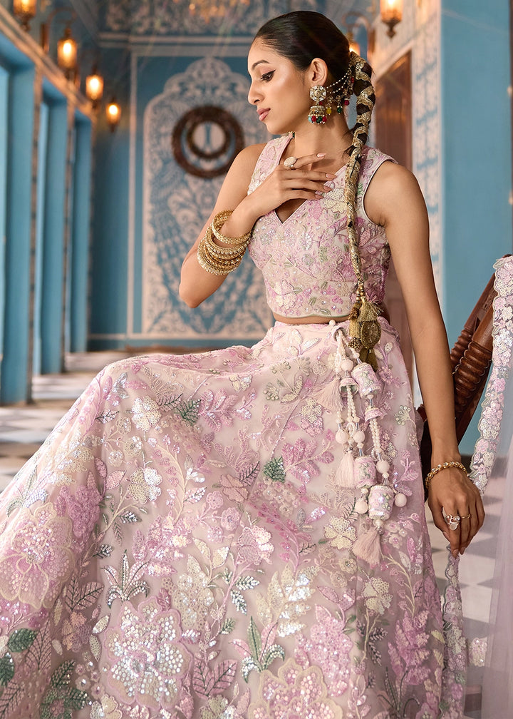 Cream & Pink Embroidered Net Lehenga Choli with Sequins Work