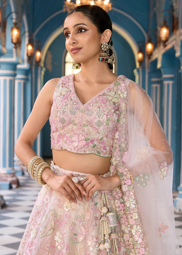 Cream & Pink Embroidered Net Lehenga Choli with Sequins Work