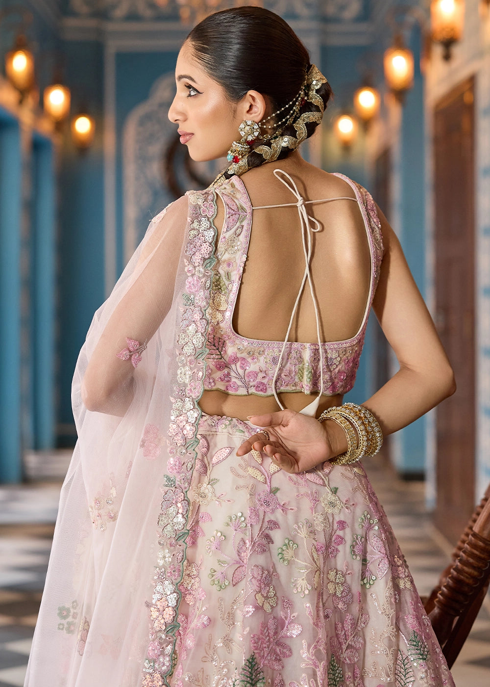 Cream & Pink Embroidered Net Lehenga Choli with Sequins Work