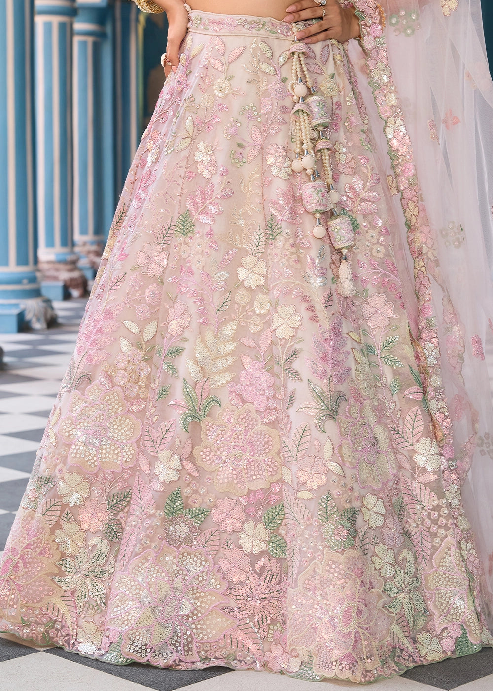 Cream & Pink Embroidered Net Lehenga Choli with Sequins Work