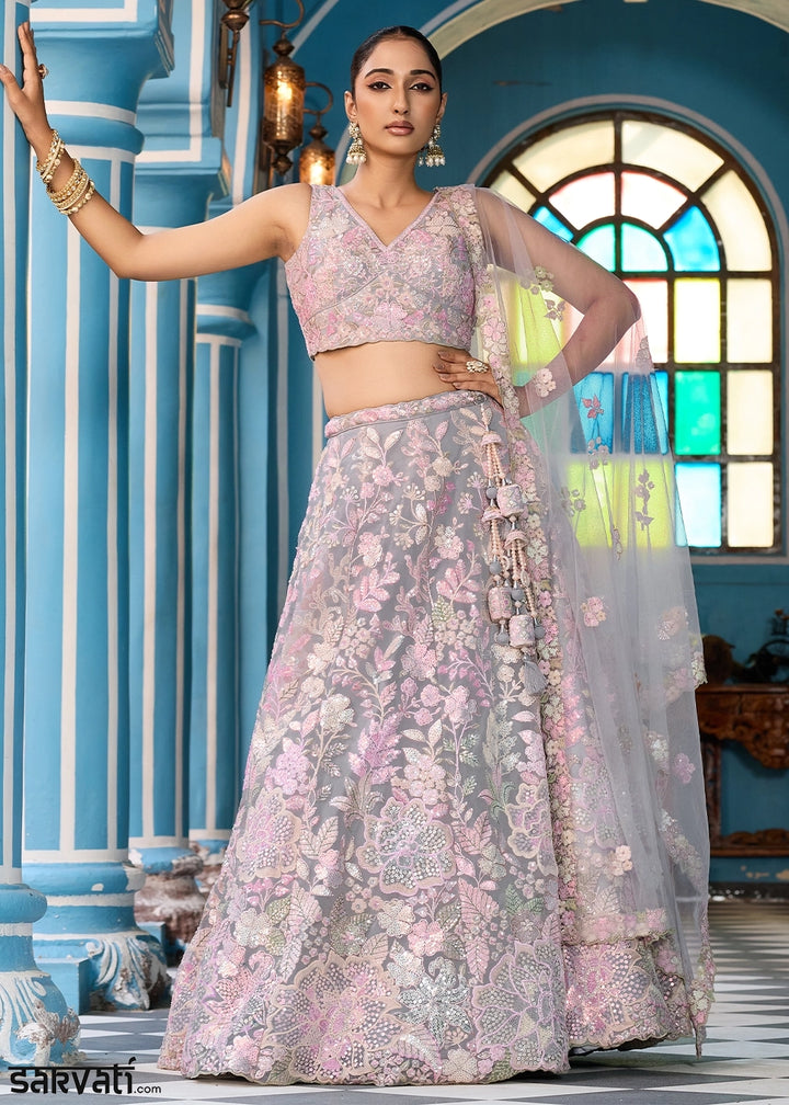 Zinc Grey Embroidered Net Lehenga Choli with Sequins Work