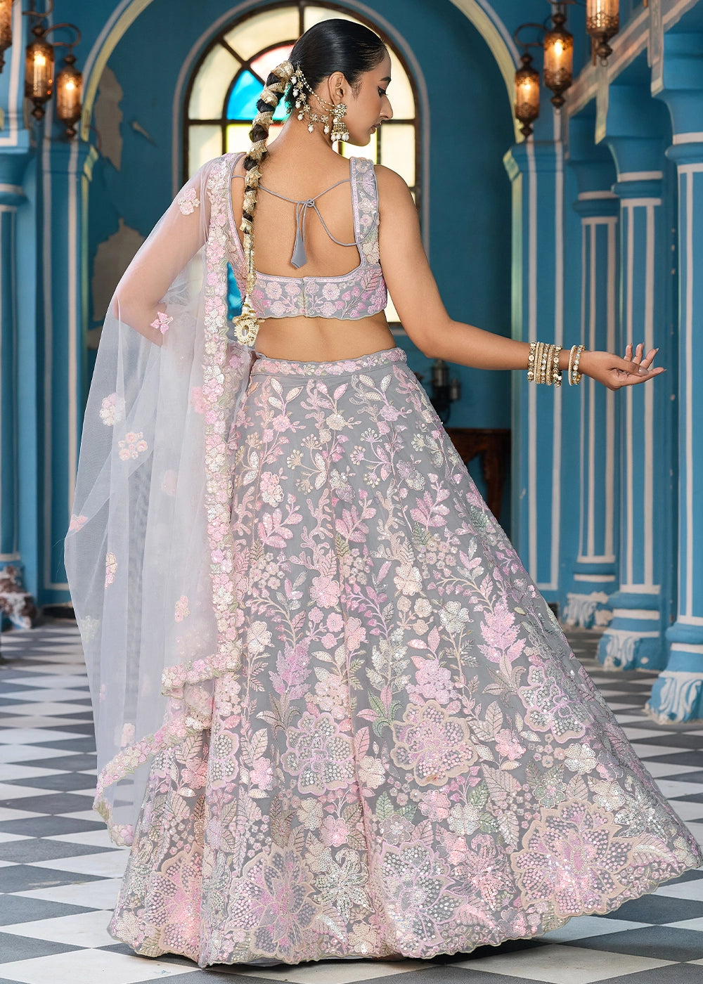 Zinc Grey Embroidered Net Lehenga Choli with Sequins Work