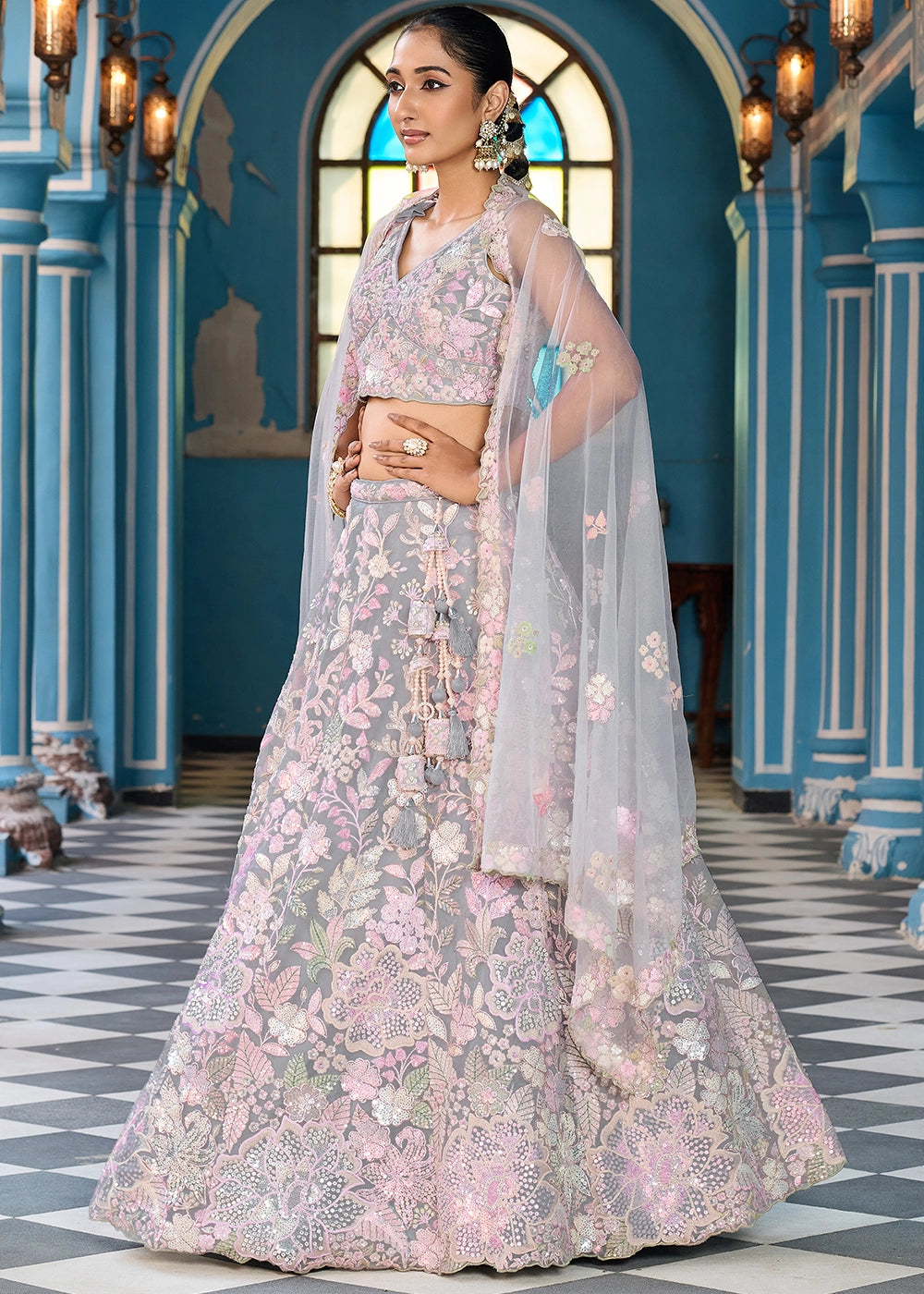 Zinc Grey Embroidered Net Lehenga Choli with Sequins Work