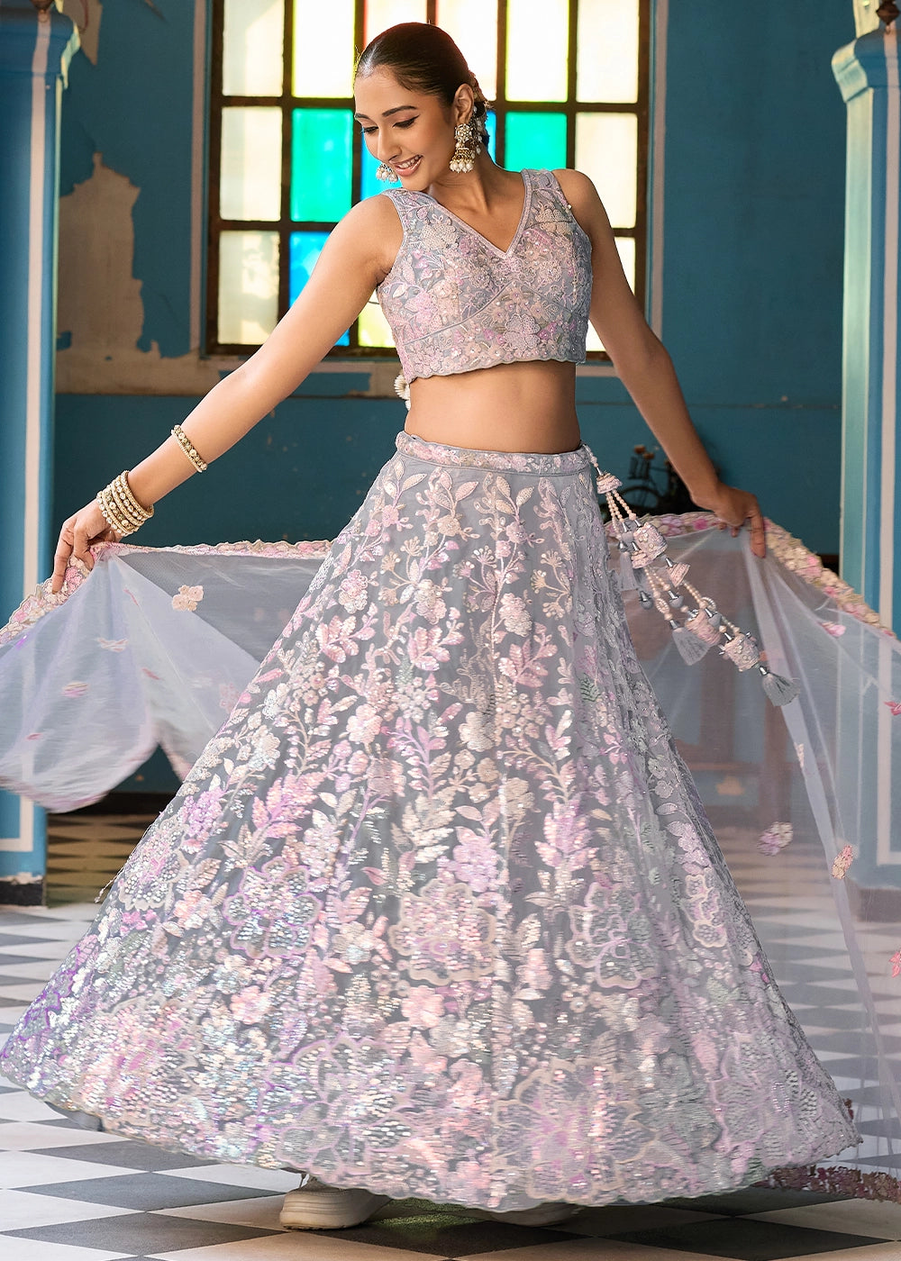 Zinc Grey Embroidered Net Lehenga Choli with Sequins Work