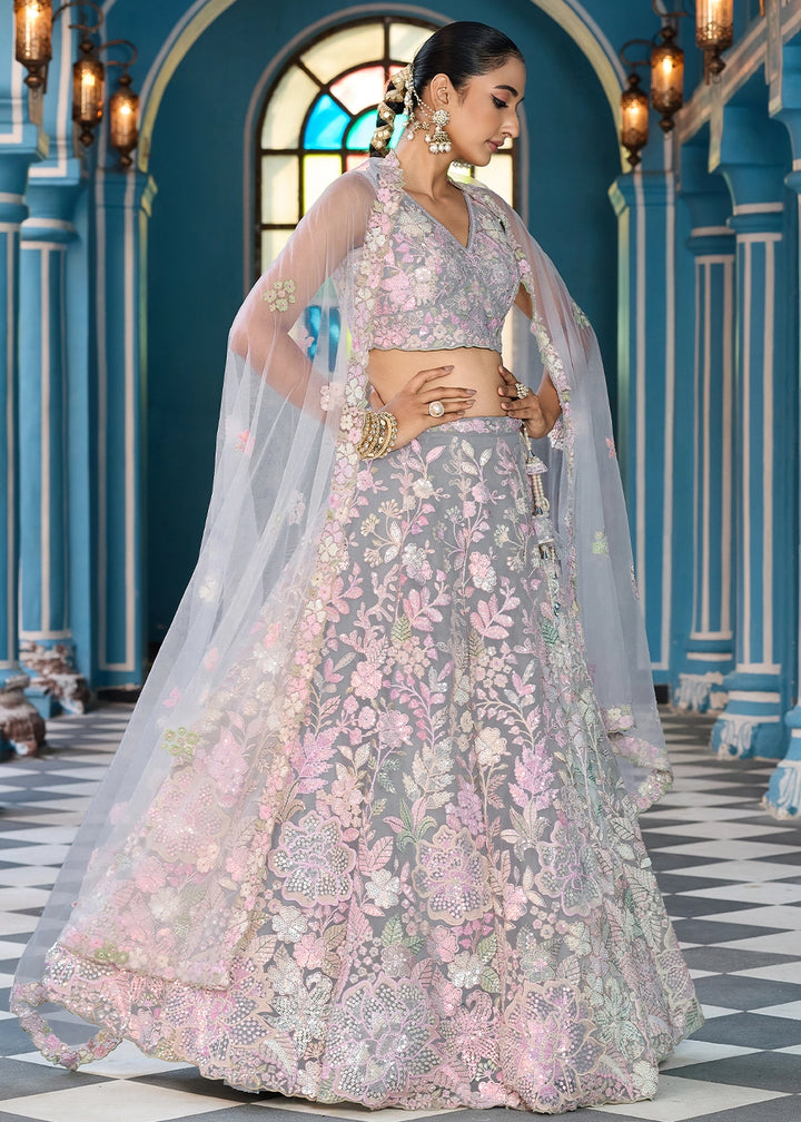 Zinc Grey Embroidered Net Lehenga Choli with Sequins Work