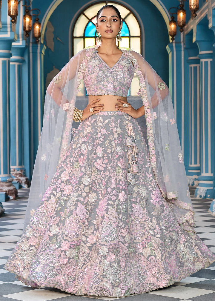 Zinc Grey Embroidered Net Lehenga Choli with Sequins Work