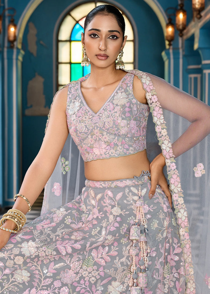 Zinc Grey Embroidered Net Lehenga Choli with Sequins Work