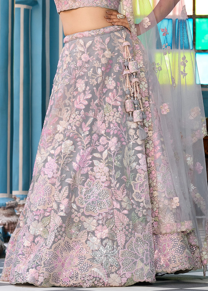 Zinc Grey Embroidered Net Lehenga Choli with Sequins Work