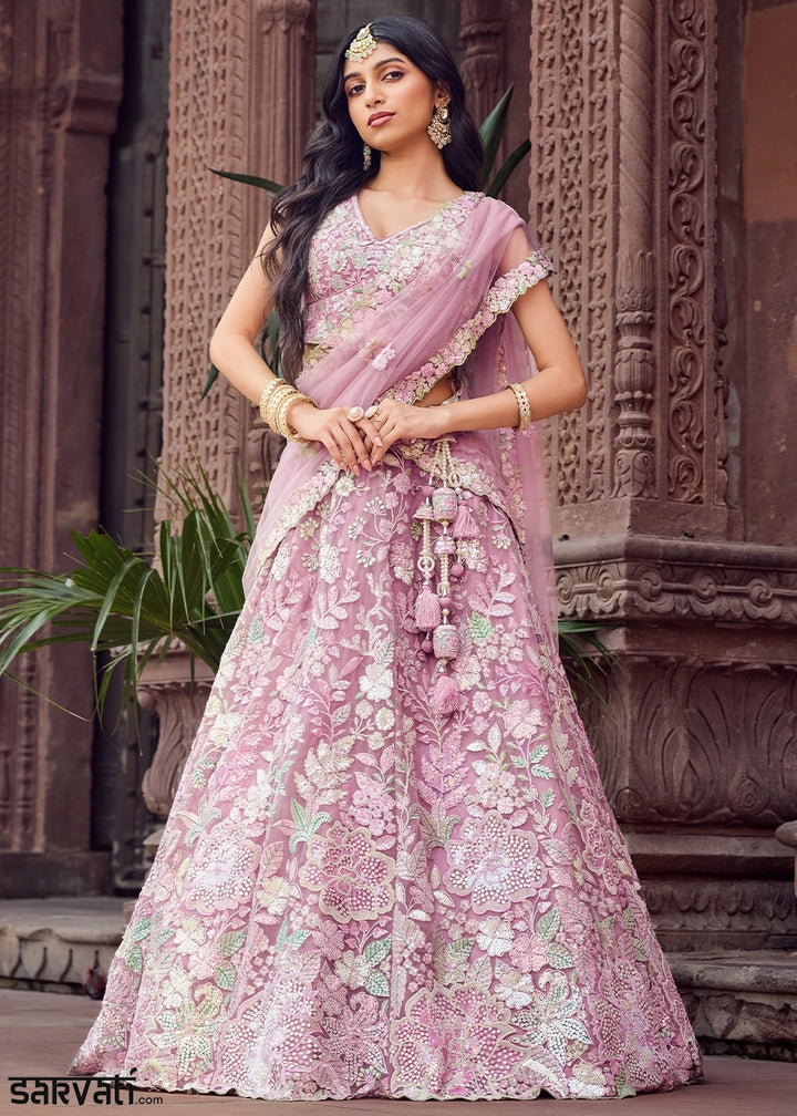 Hopbush Purple Embroidered Net Lehenga Choli with Sequins Work