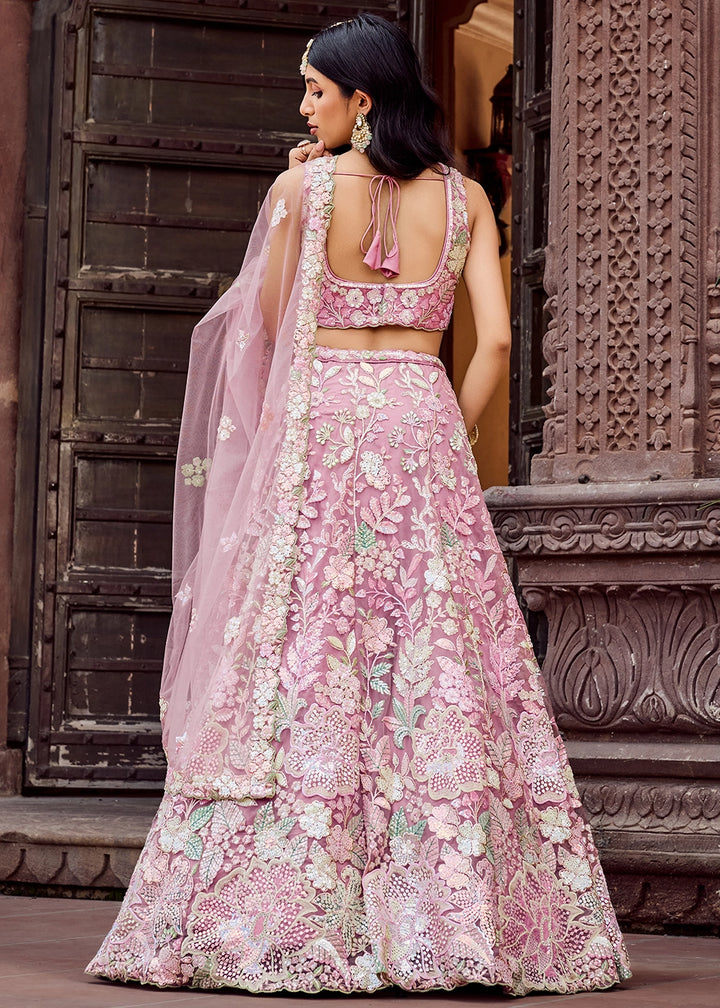 Hopbush Purple Embroidered Net Lehenga Choli with Sequins Work