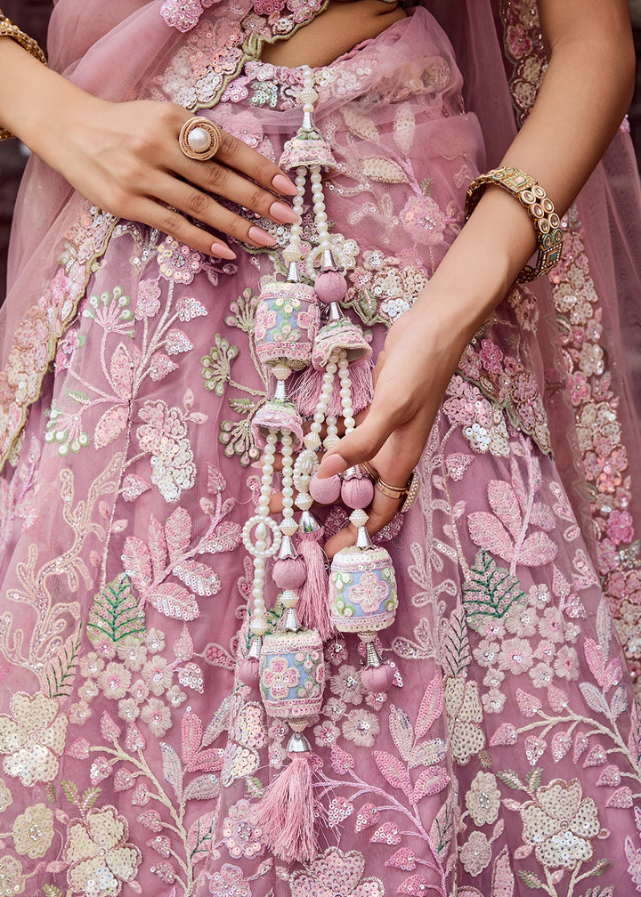 Hopbush Purple Embroidered Net Lehenga Choli with Sequins Work