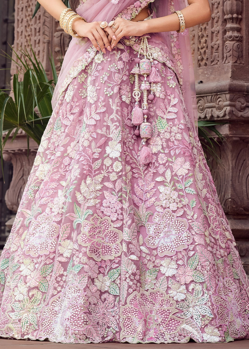 Hopbush Purple Embroidered Net Lehenga Choli with Sequins Work