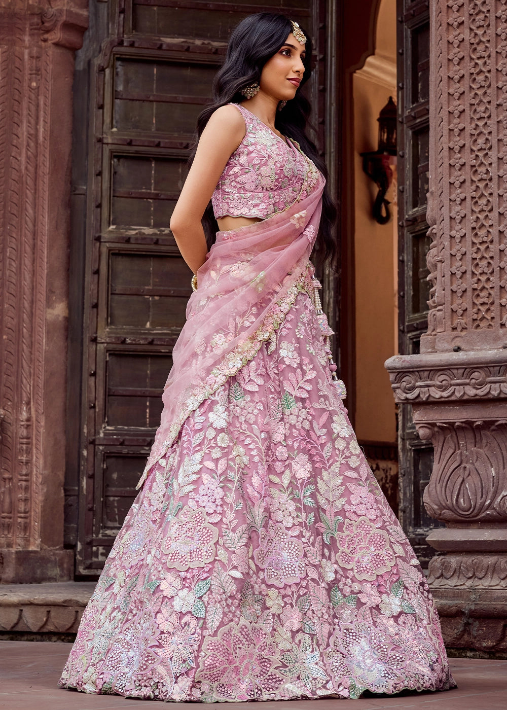 Hopbush Purple Embroidered Net Lehenga Choli with Sequins Work