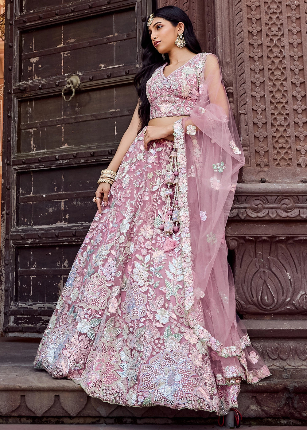 Hopbush Purple Embroidered Net Lehenga Choli with Sequins Work