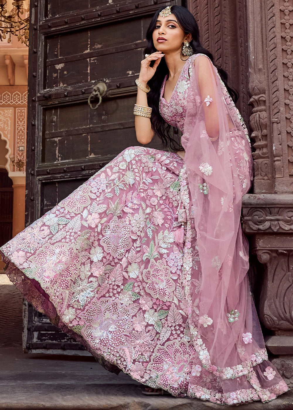 Hopbush Purple Embroidered Net Lehenga Choli with Sequins Work