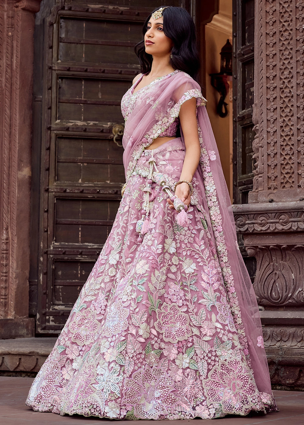 Hopbush Purple Embroidered Net Lehenga Choli with Sequins Work