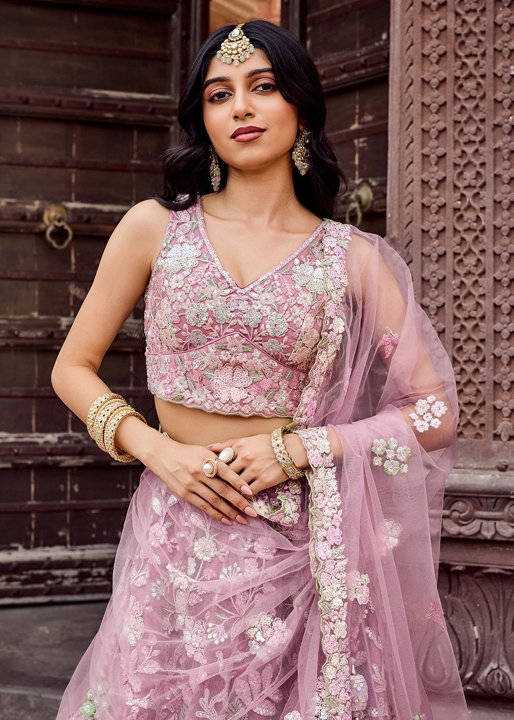 Hopbush Purple Embroidered Net Lehenga Choli with Sequins Work