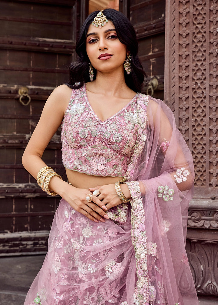 Hopbush Purple Embroidered Net Lehenga Choli with Sequins Work