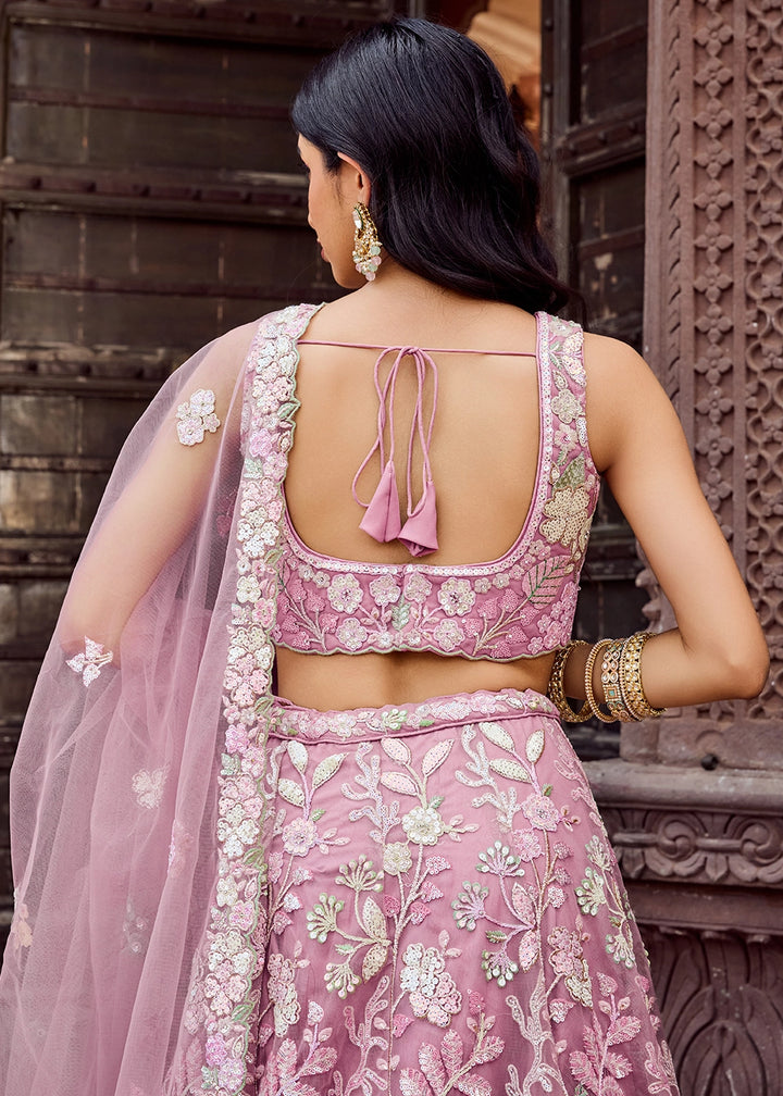 Hopbush Purple Embroidered Net Lehenga Choli with Sequins Work