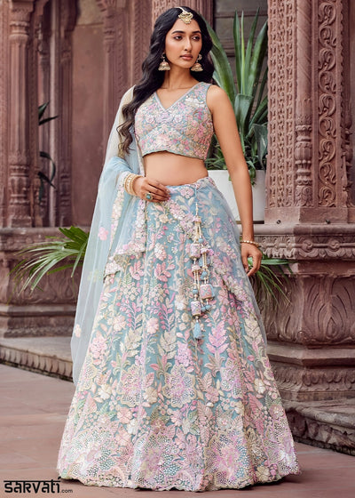 Maximum Blue Embroidered Net Lehenga Choli with Sequins Work