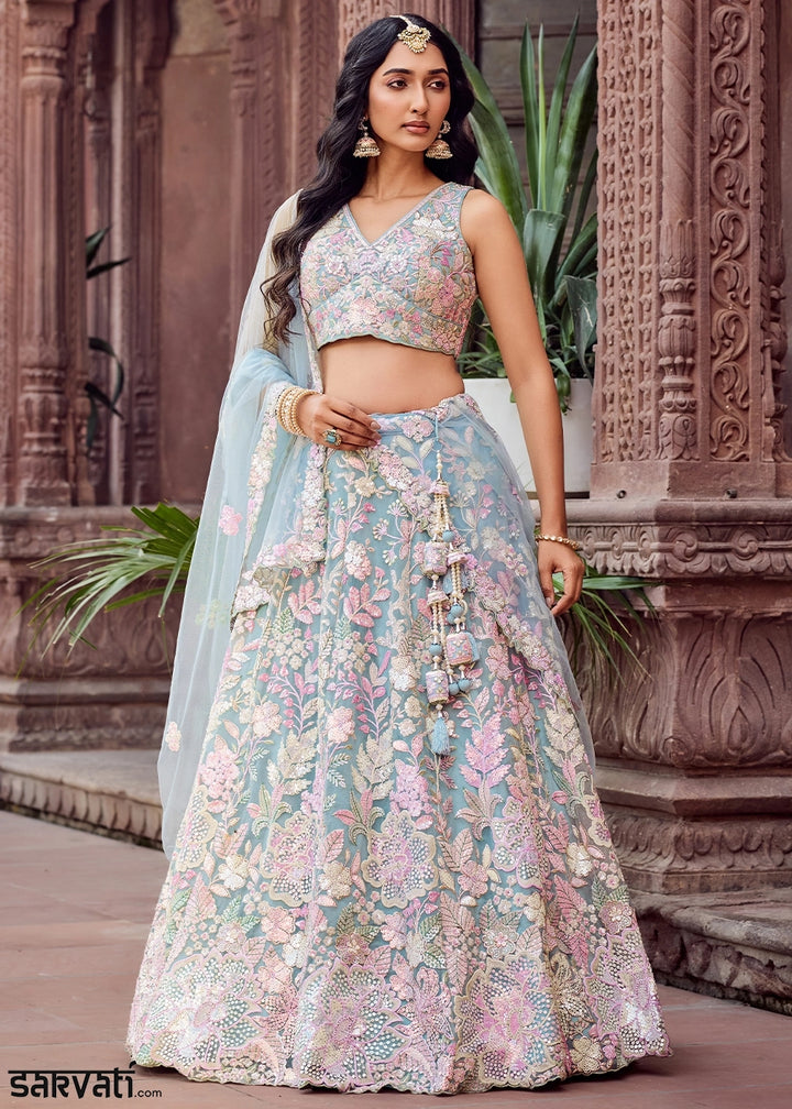 Maximum Blue Embroidered Net Lehenga Choli with Sequins Work