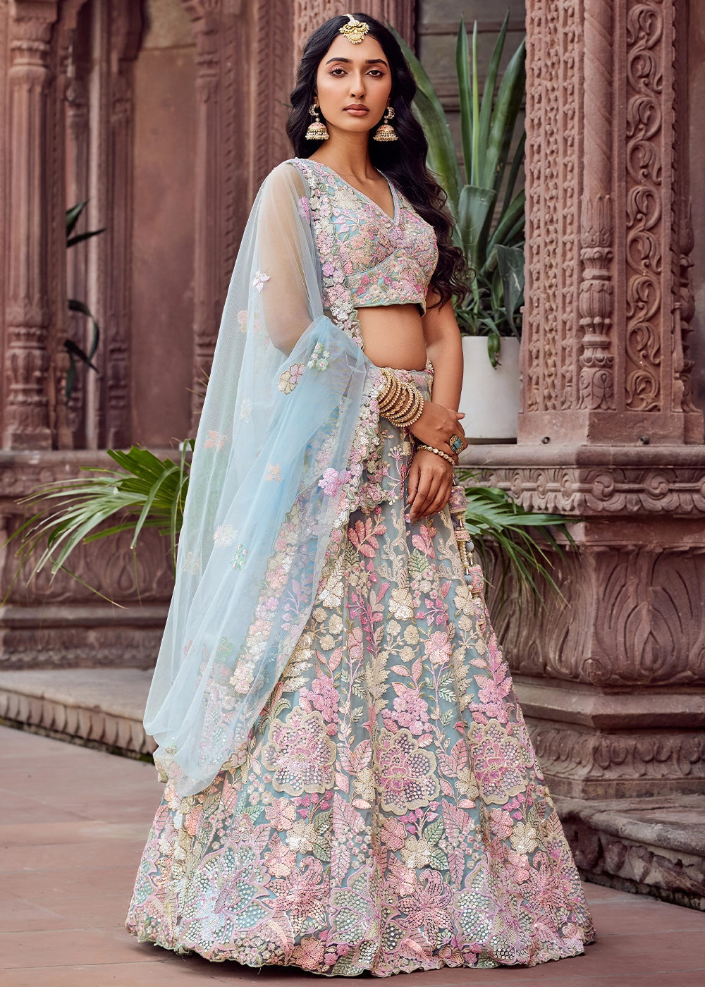 Maximum Blue Embroidered Net Lehenga Choli with Sequins Work