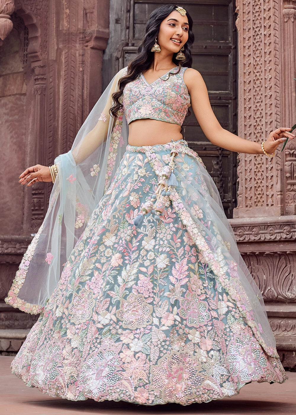 Maximum Blue Embroidered Net Lehenga Choli with Sequins Work