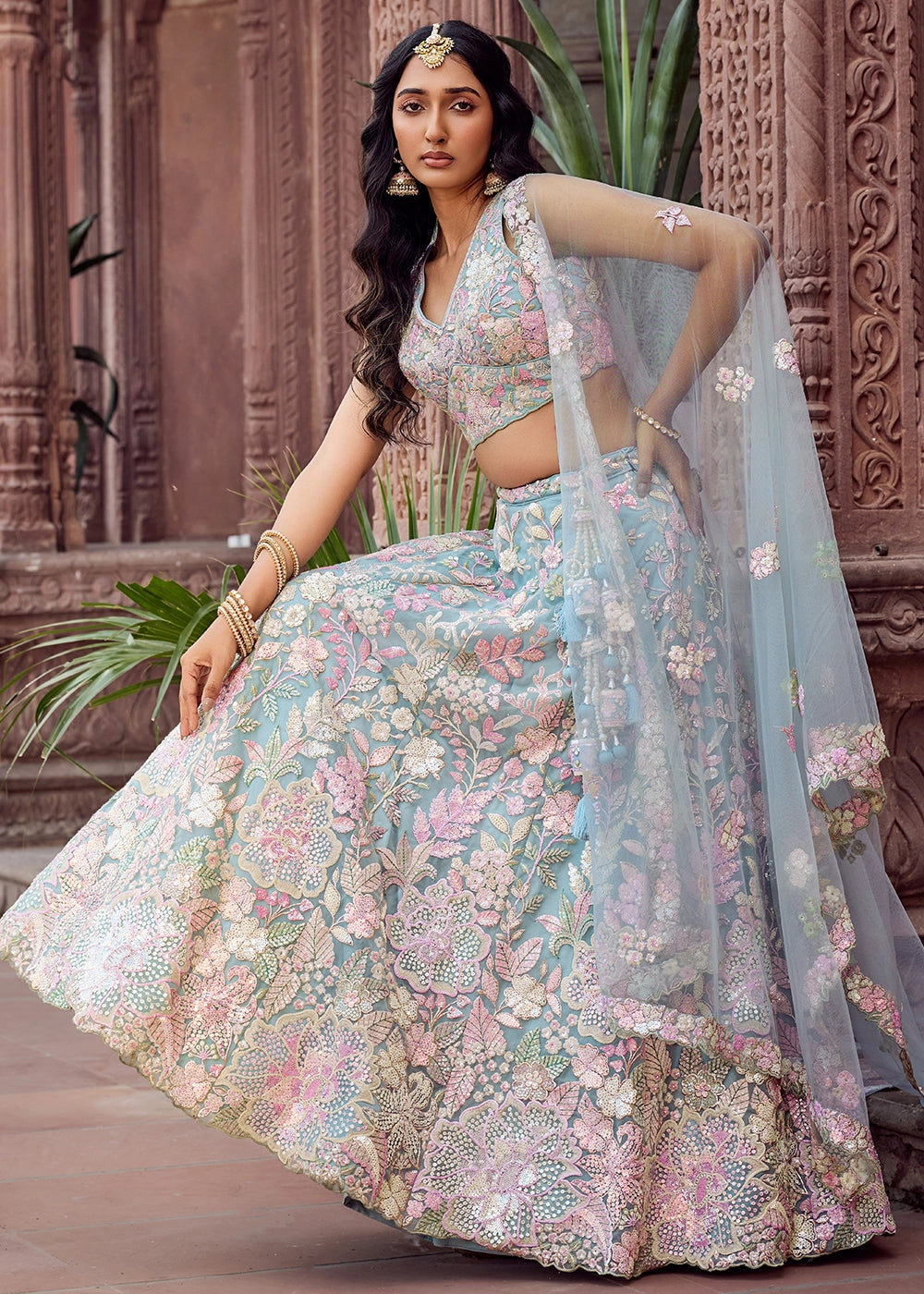 Maximum Blue Embroidered Net Lehenga Choli with Sequins Work