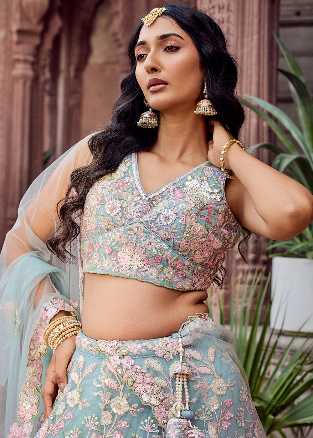 Maximum Blue Embroidered Net Lehenga Choli with Sequins Work