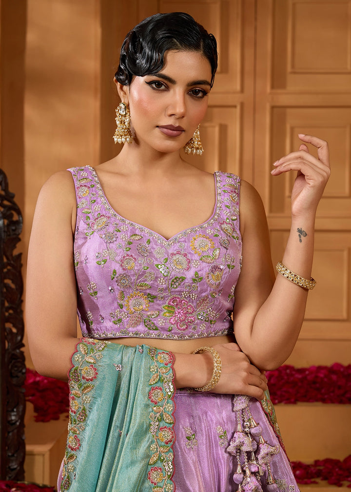 Lavender Purple Satin Silk Lehenga Choli with Handcrafted Floral & Sequin Work