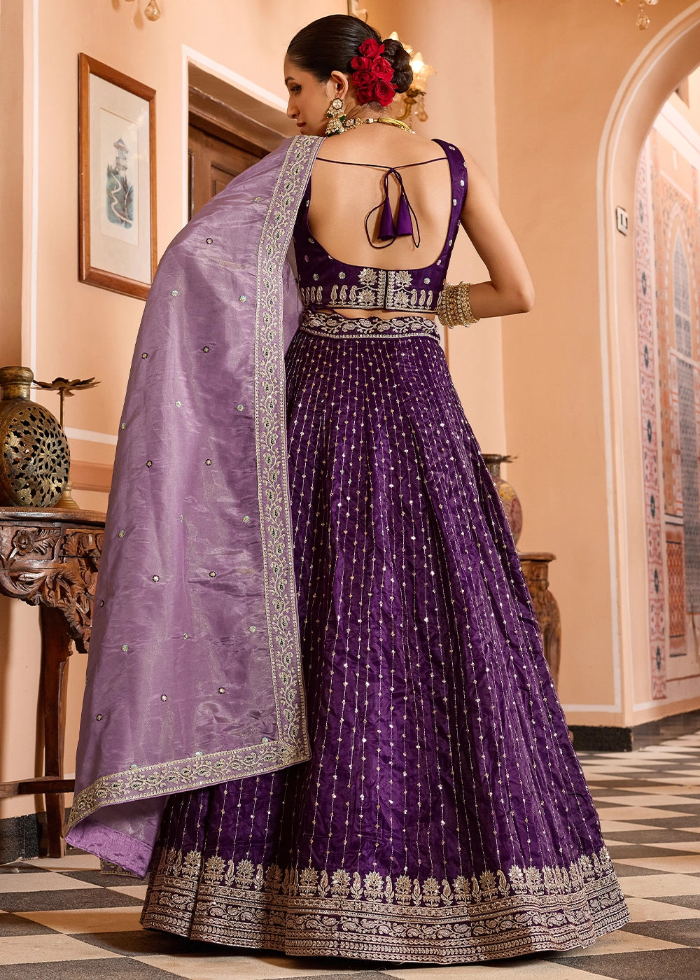 Plum Purple Embroidered Tissue Silk Lehenga Choli with Sequins Work