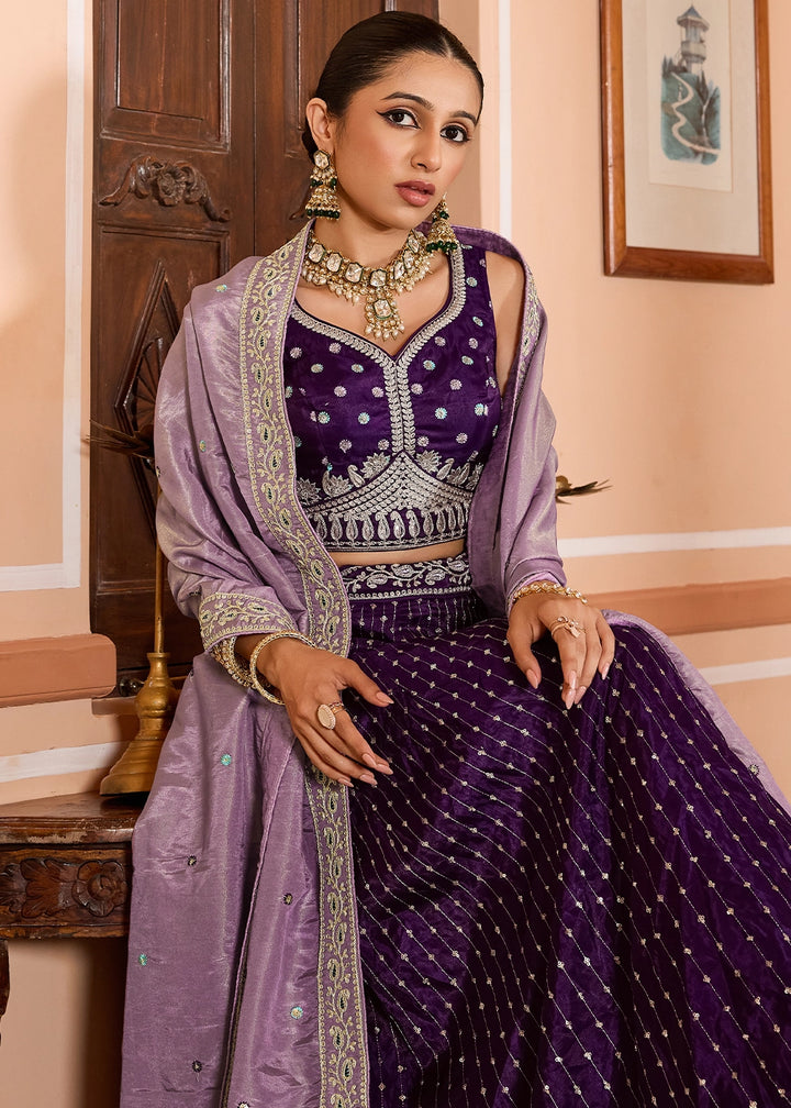 Plum Purple Embroidered Tissue Silk Lehenga Choli with Sequins Work