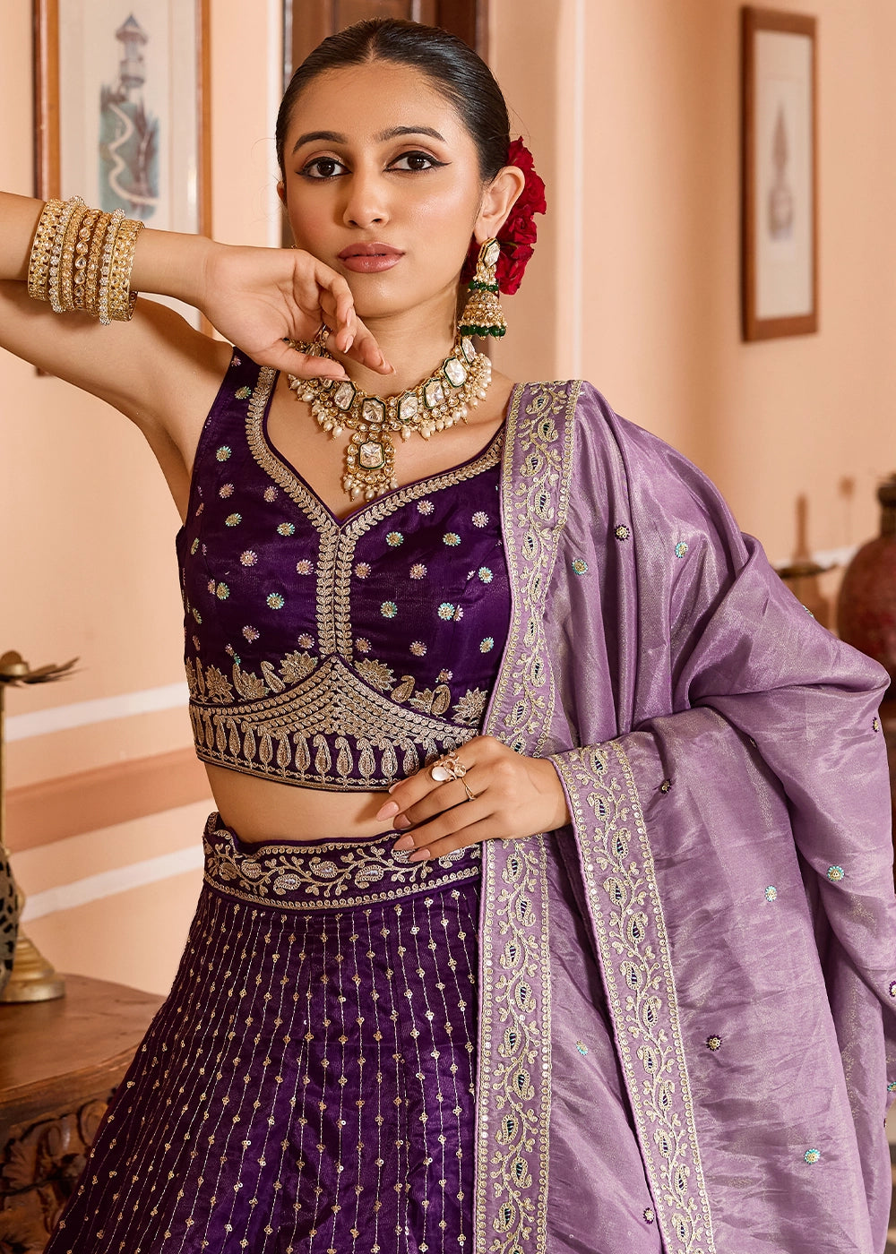Plum Purple Embroidered Tissue Silk Lehenga Choli with Sequins Work
