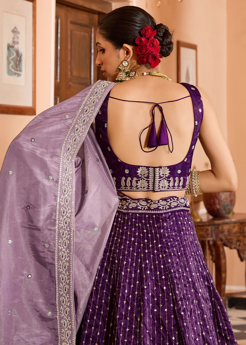 Plum Purple Embroidered Tissue Silk Lehenga Choli with Sequins Work