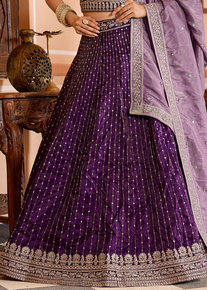 Plum Purple Embroidered Tissue Silk Lehenga Choli with Sequins Work