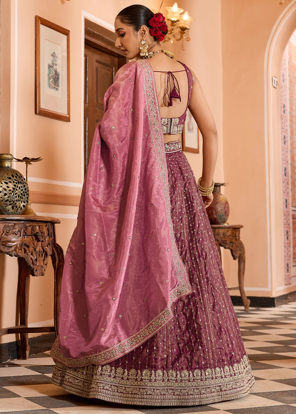 Fandango Pink Embroidered Tissue Silk Lehenga Choli with Sequins Work