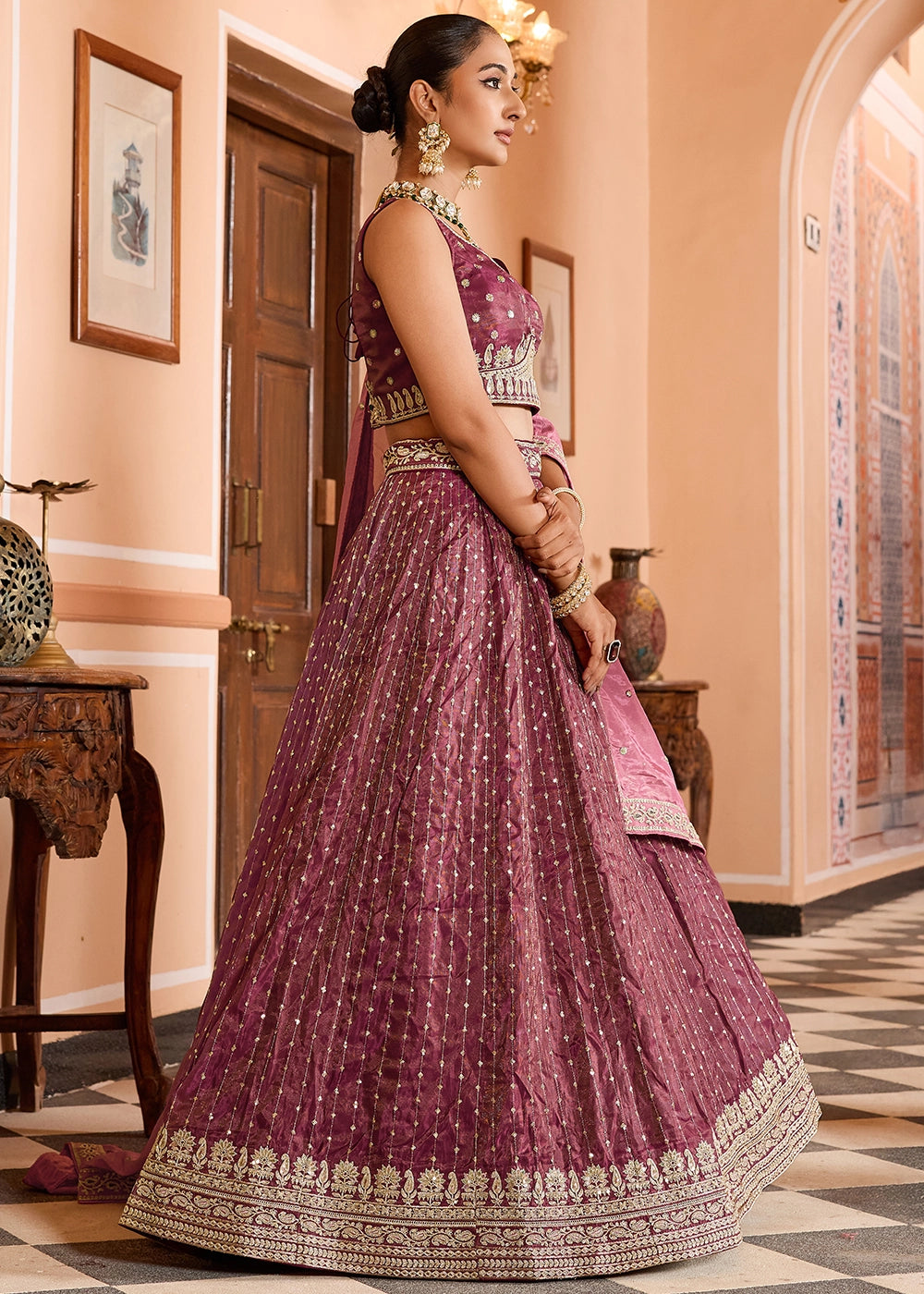 Fandango Pink Embroidered Tissue Silk Lehenga Choli with Sequins Work