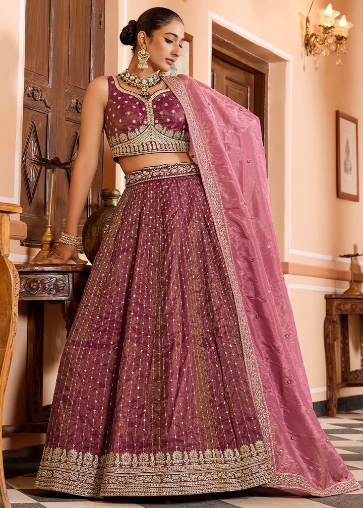 Fandango Pink Embroidered Tissue Silk Lehenga Choli with Sequins Work