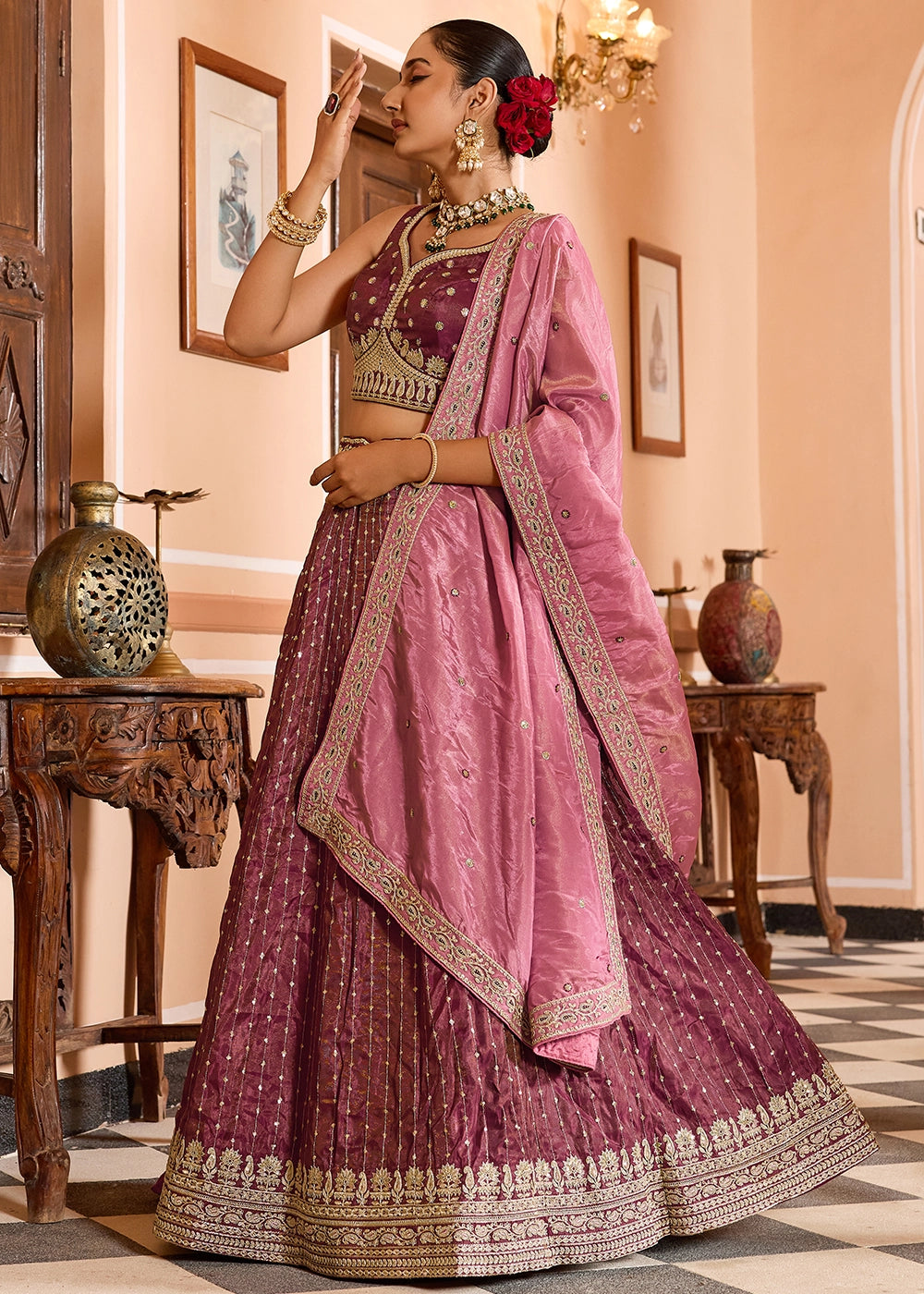 Fandango Pink Embroidered Tissue Silk Lehenga Choli with Sequins Work