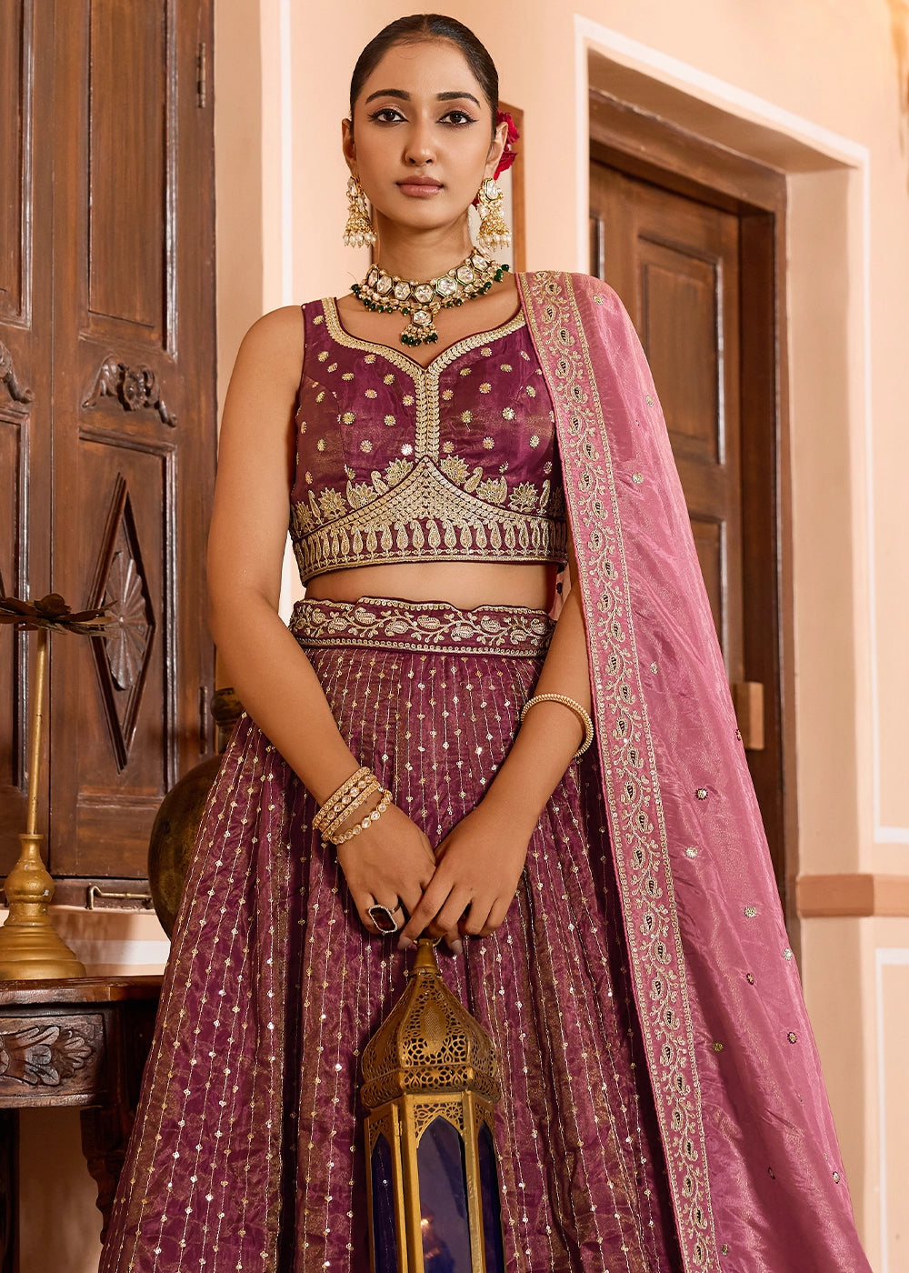 Fandango Pink Embroidered Tissue Silk Lehenga Choli with Sequins Work