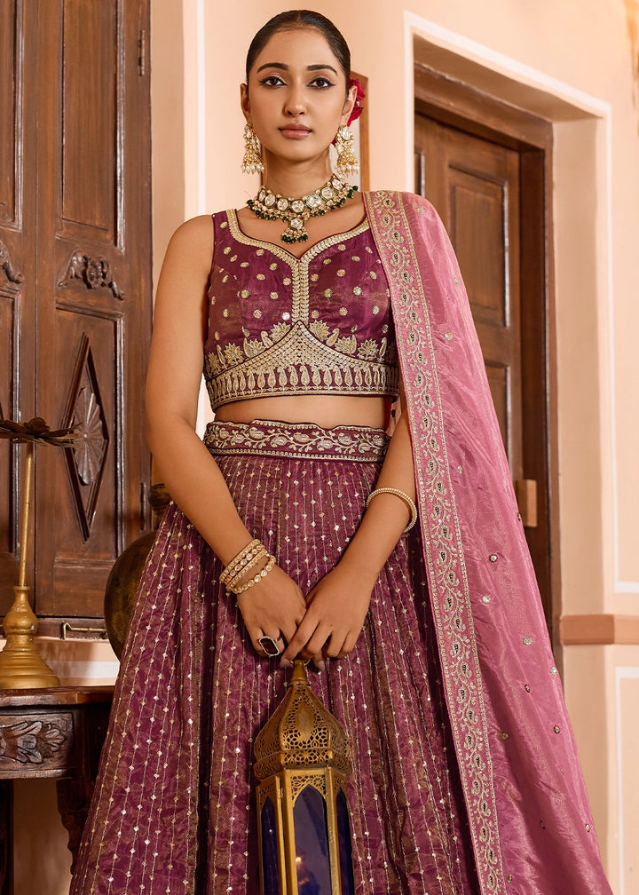 Fandango Pink Embroidered Tissue Silk Lehenga Choli with Sequins Work