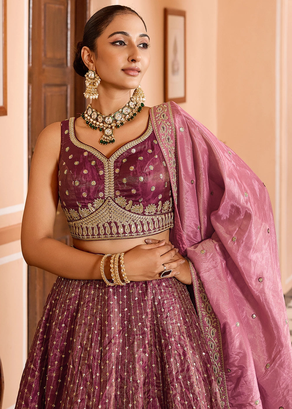 Fandango Pink Embroidered Tissue Silk Lehenga Choli with Sequins Work