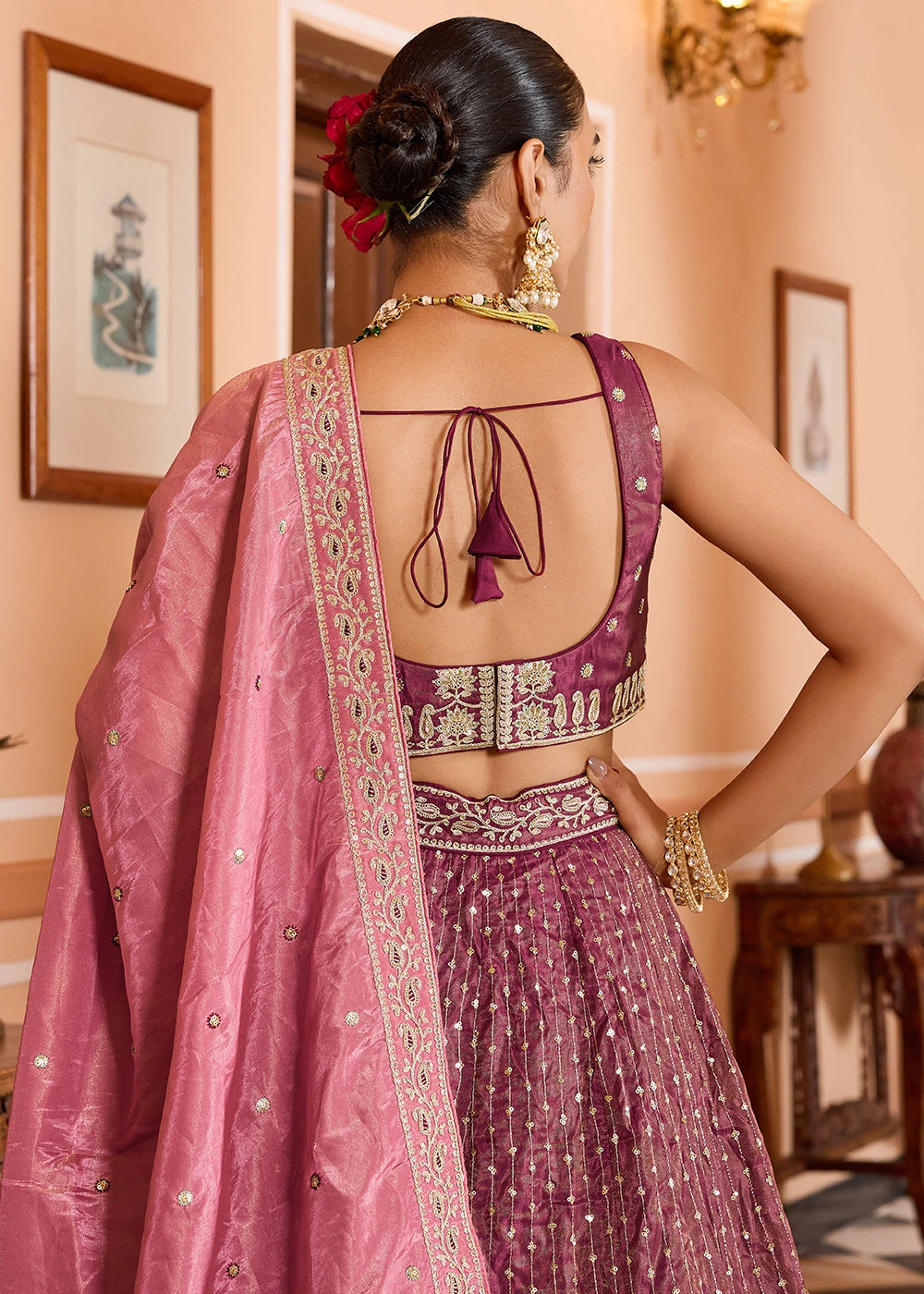 Fandango Pink Embroidered Tissue Silk Lehenga Choli with Sequins Work