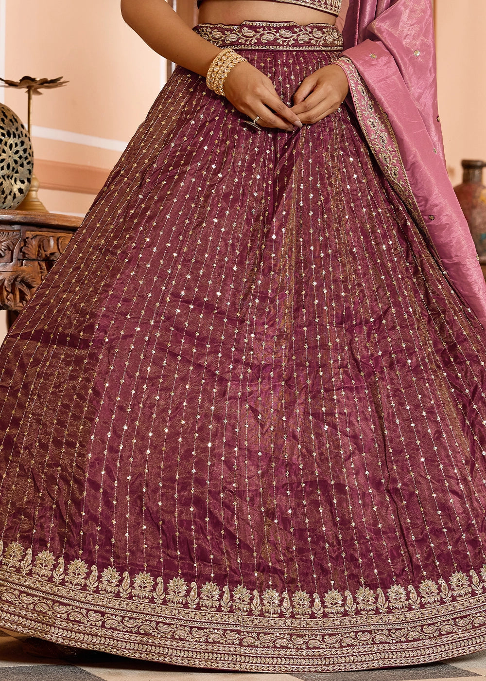 Fandango Pink Embroidered Tissue Silk Lehenga Choli with Sequins Work