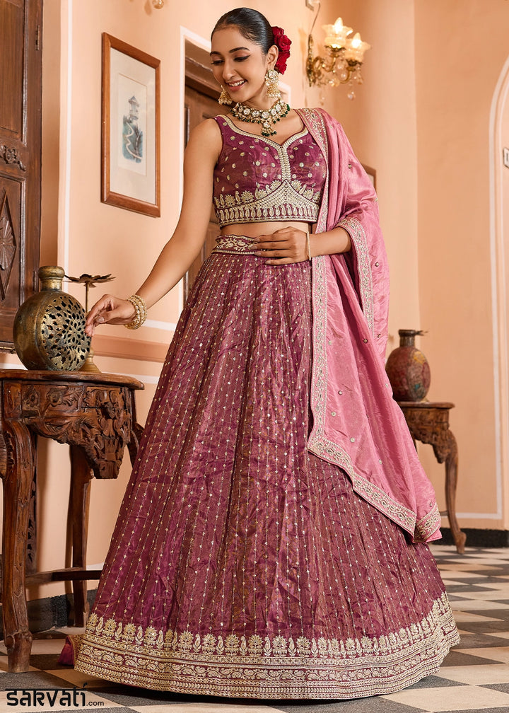 Fandango Pink Embroidered Tissue Silk Lehenga Choli with Sequins Work