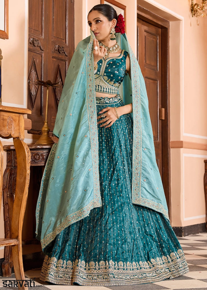 Teal Blue Embroidered Tissue Silk Lehenga Choli with Sequins Work