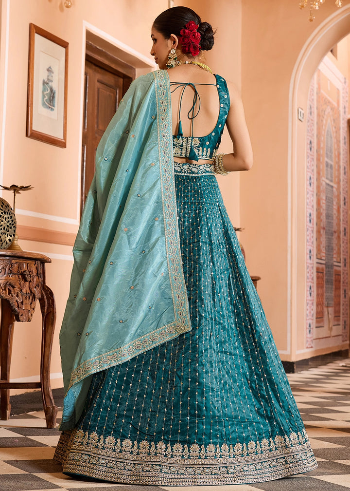 Teal Blue Embroidered Tissue Silk Lehenga Choli with Sequins Work