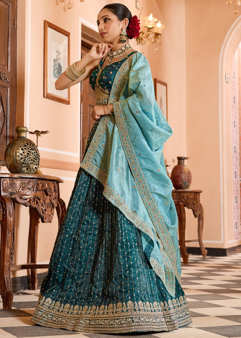 Teal Blue Embroidered Tissue Silk Lehenga Choli with Sequins Work